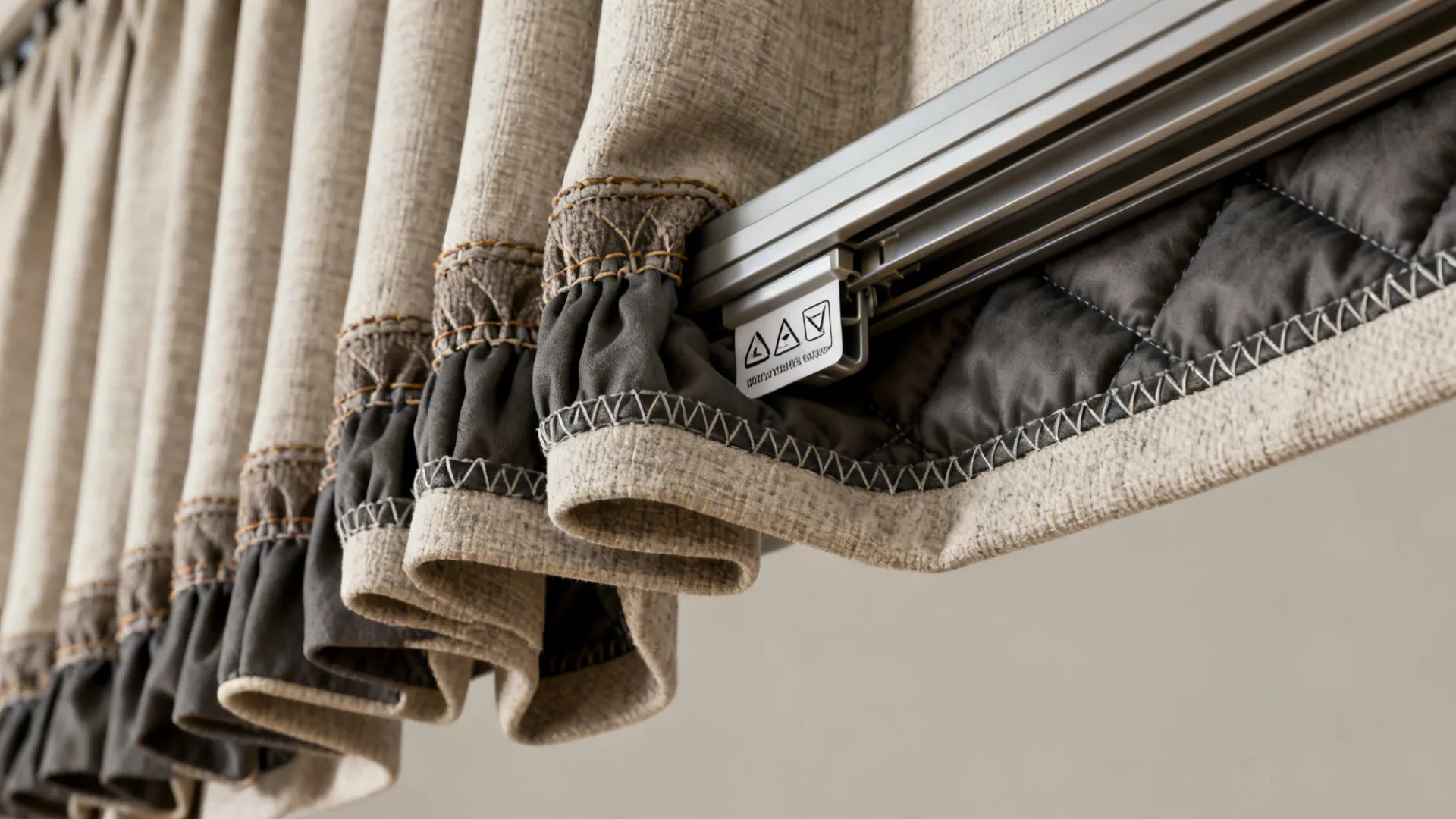 Macro close-up of curtain hem, pleats, liner and track hardware with visible stitch details.