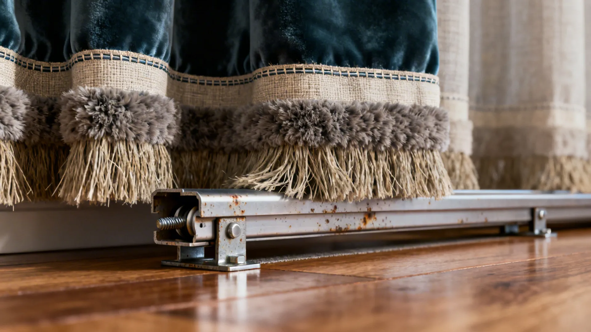 Detailed view of curtain hems, fabric edges and concealed track demonstrating installation and finishing touches