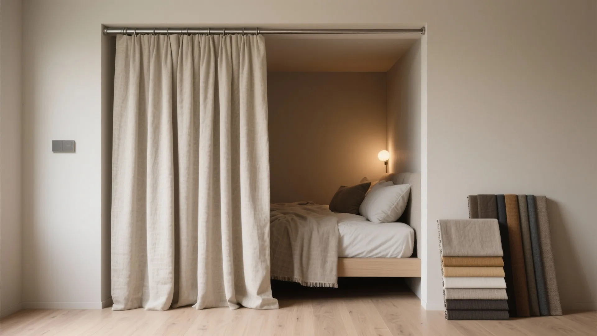 Cozy bedroom alcove with a ceiling-mounted pocket curtain and fabric swatches, showing flexible, low-cost division options.