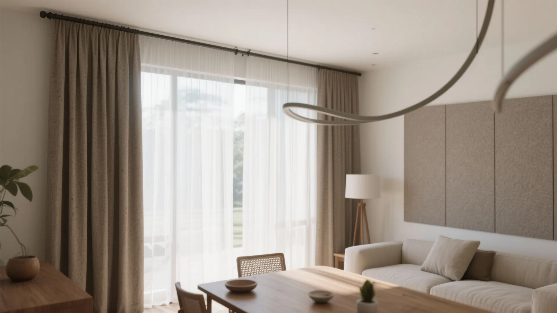 Soft partitions: ceiling-track curtains and acoustic panels