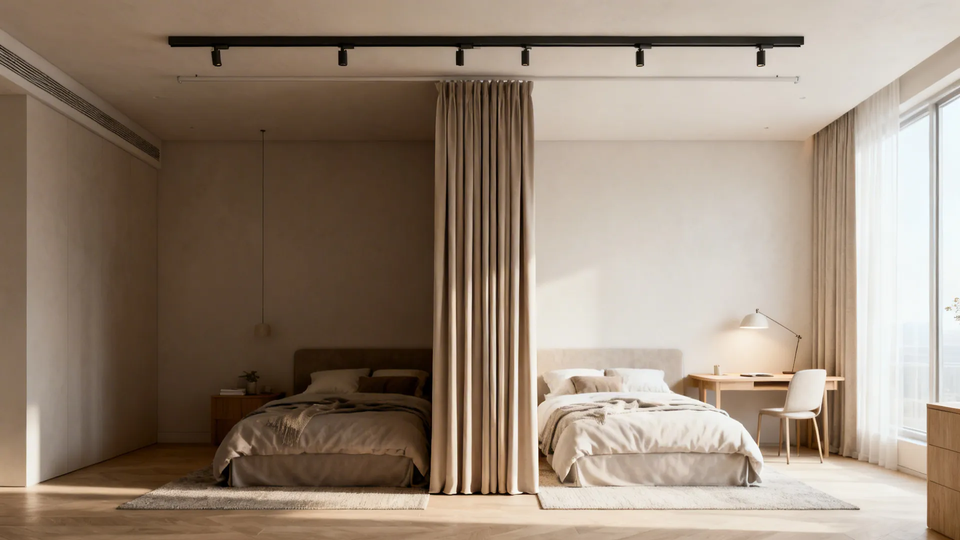 Modern bedroom divided by a beige curtain with two beds desk chair and black lights