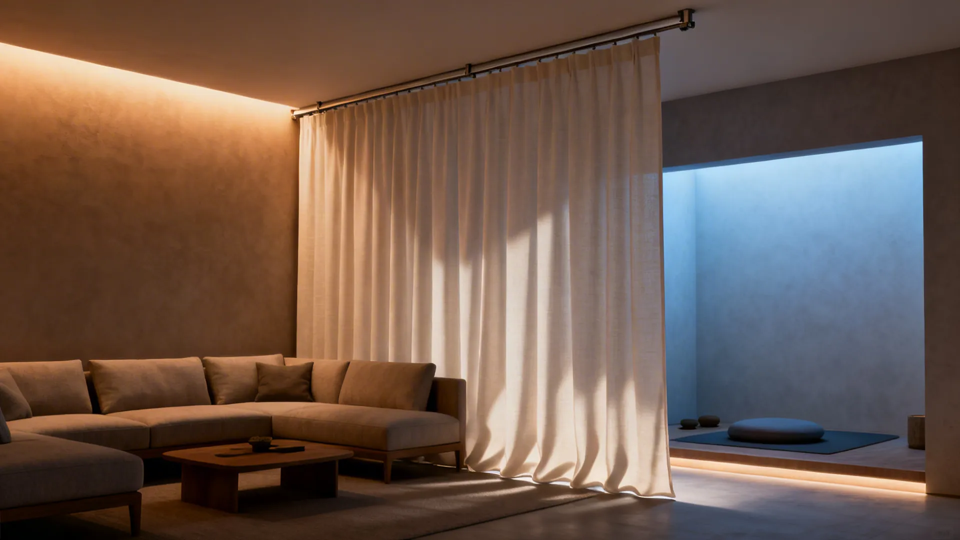 Ceiling-mounted curtain separating a small meditation corner from the main lounge area.