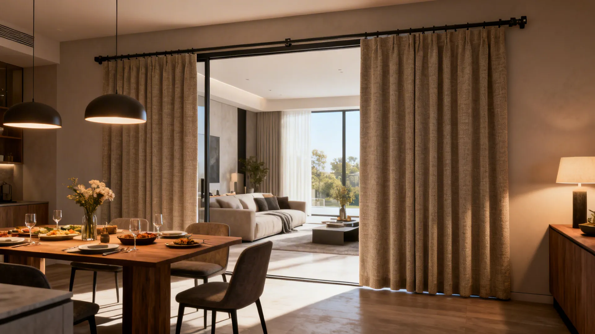 Sliding fabric curtains used to close off the dining area for intimate meals and opened for full open-plan space.