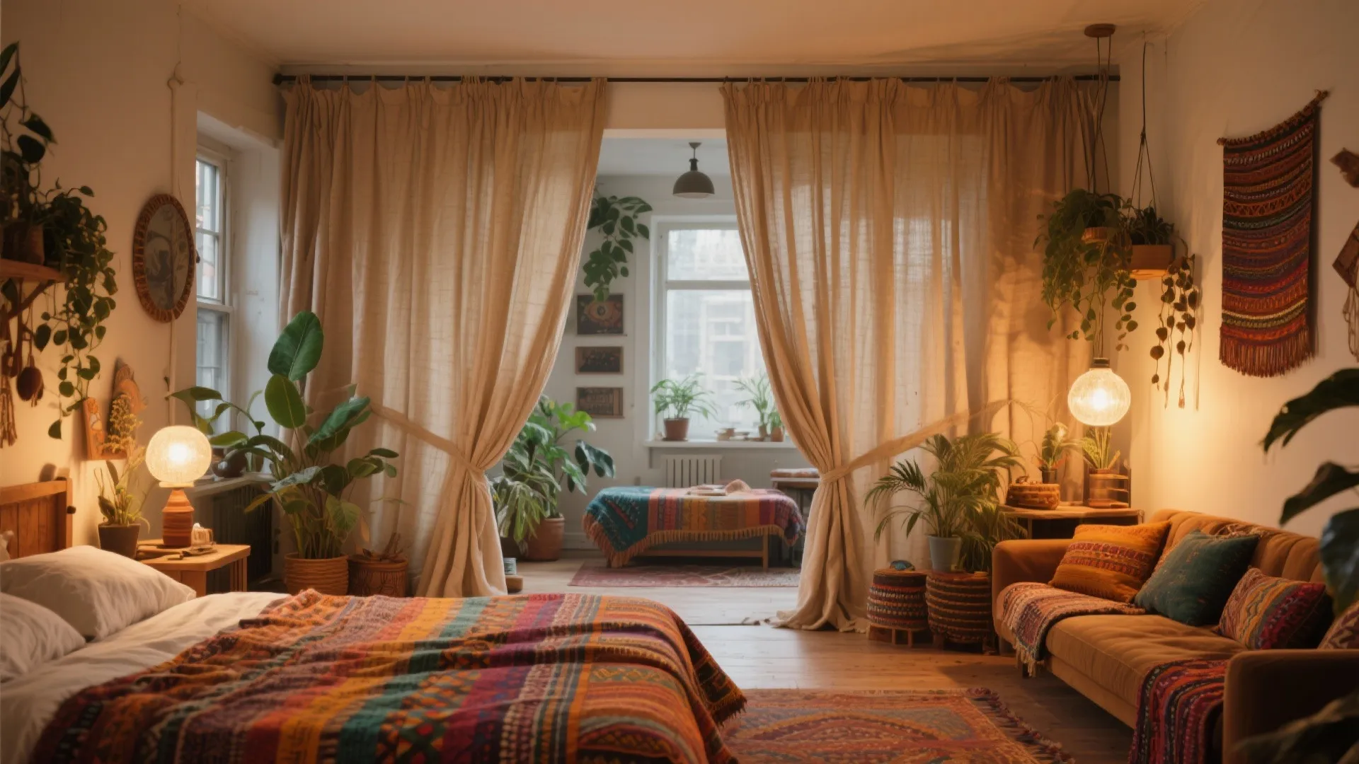 Studio apartment with thick linen curtains dividing bed and living area