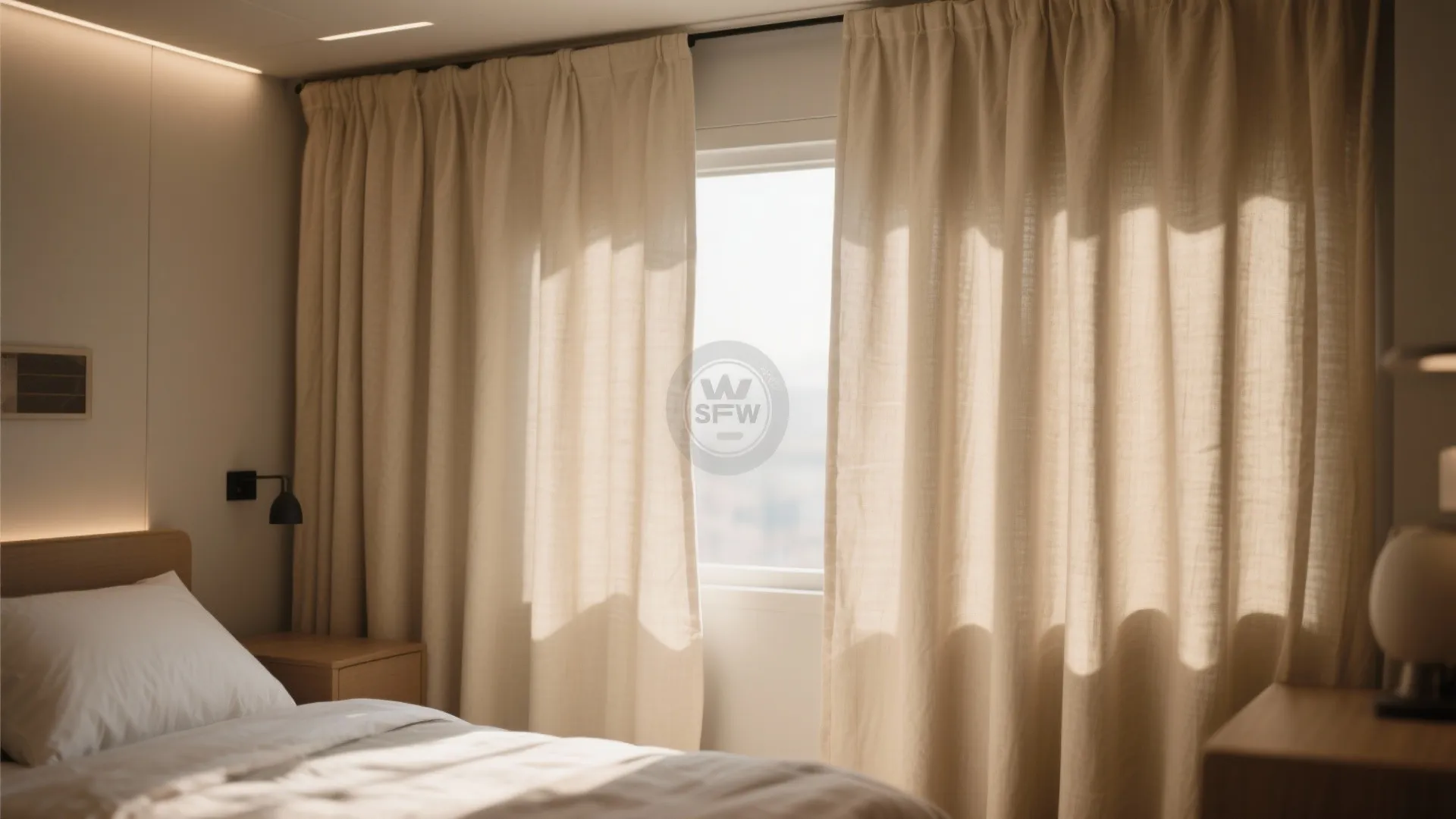 Beige curtain covering a bedroom window with sunlight shining through onto a neat white bed