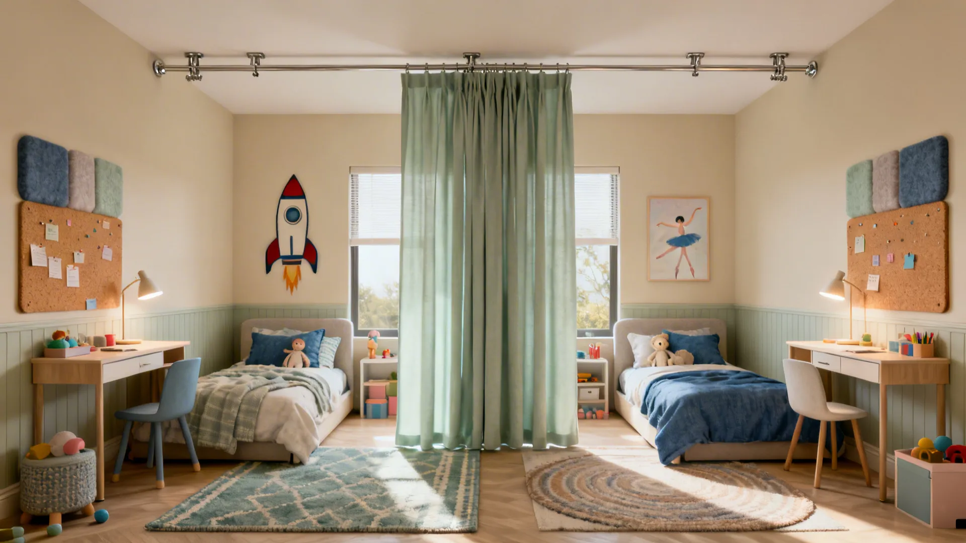 Shared kids room with a ceiling-track curtain creating soft separation and acoustic elements.