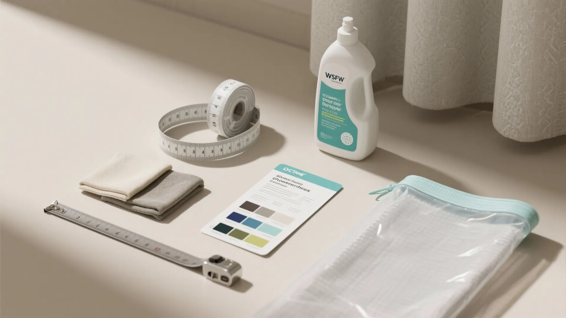 Cleaning bottle measuring tape and color swatches placed on a table next to a curtain