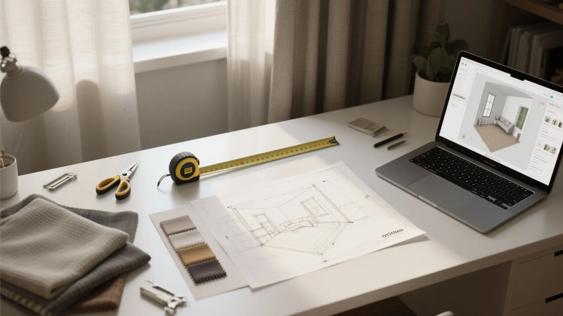 Workspace with laptop showing interior design drawing and paper sketch with measuring tape and fabric samples