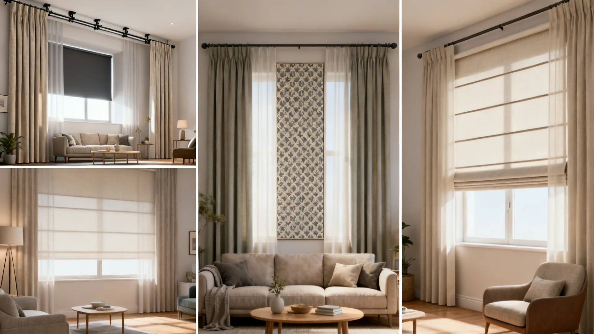 Collage of curtain treatments showing height, blackout performance, roman shades, and patterned panels in small rooms.