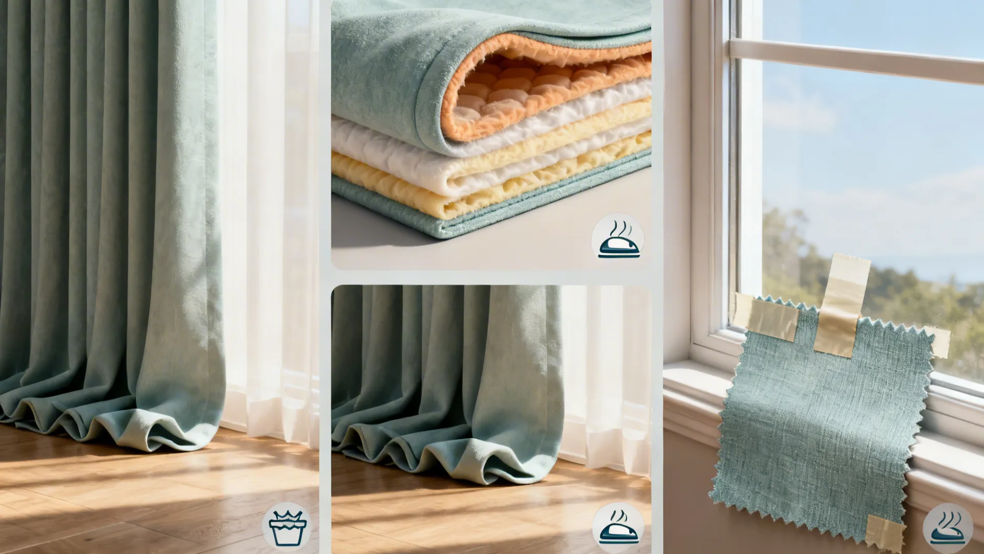 Collage of curtain tips: floor-length example, thermal lining detail, care icons, and taped swatch on a window.