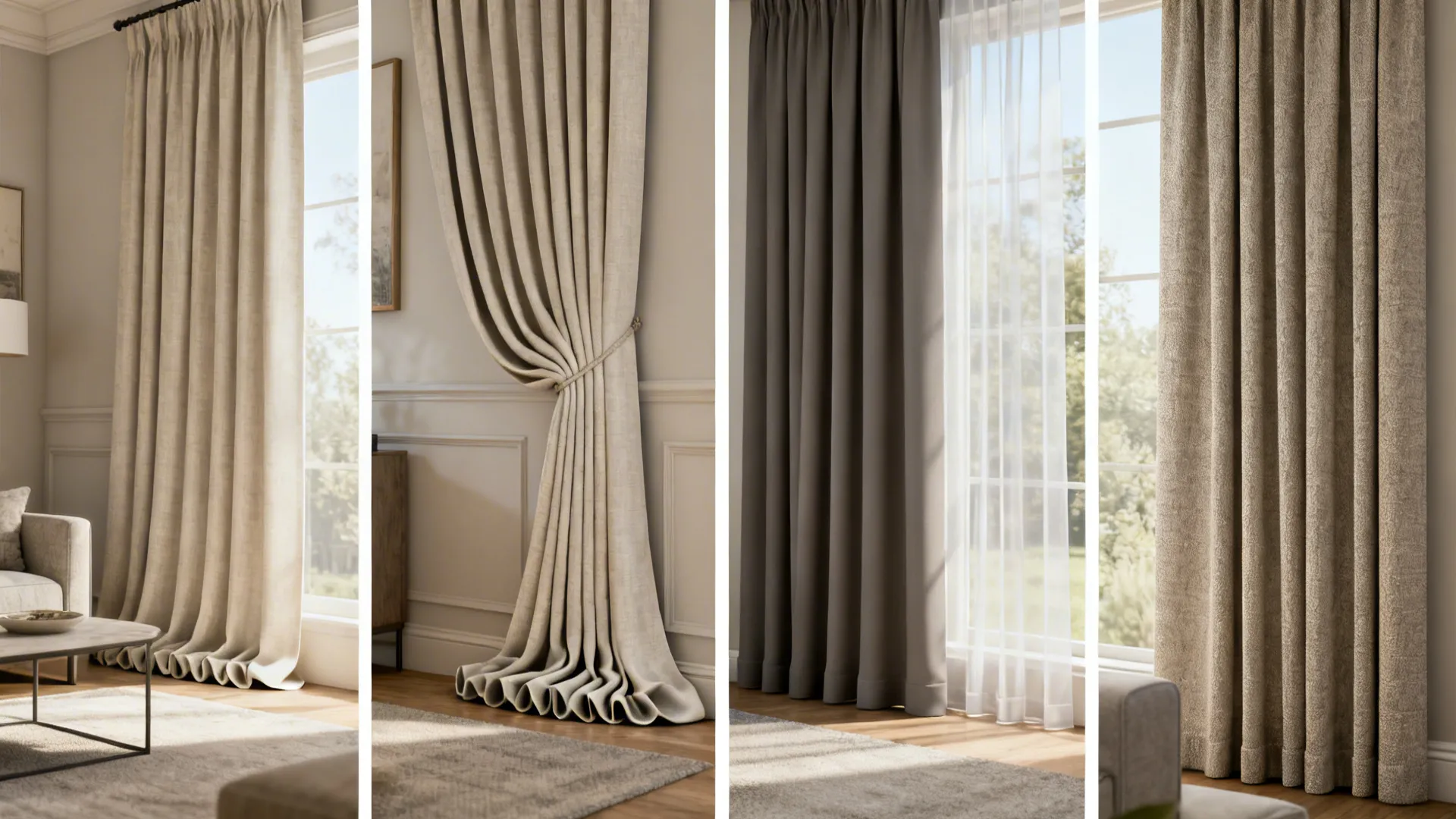 Four different window curtain styles including tied back beige fabric and grey curtains with sheers