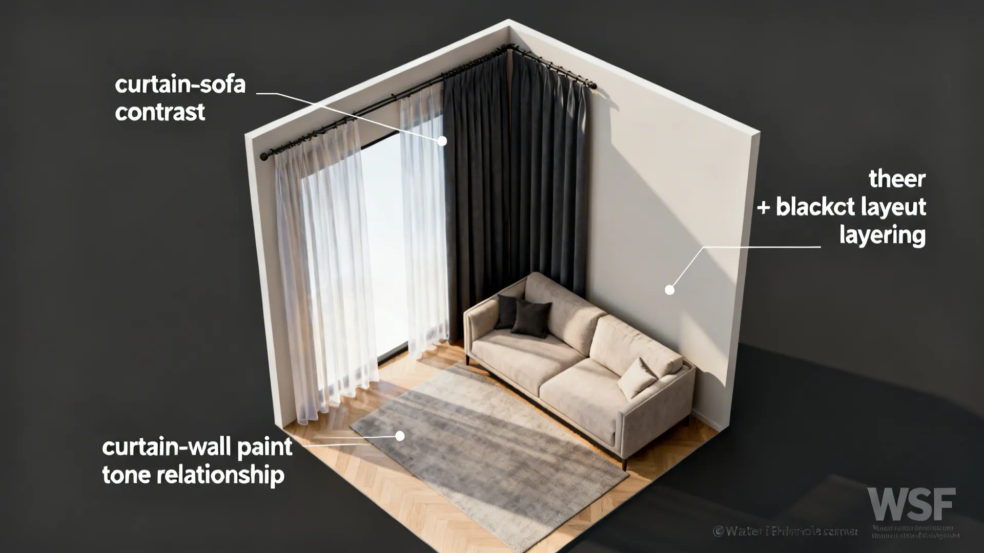 Top-down room planner view illustrating curtain color pairings, layering and contrast tips for small living rooms.