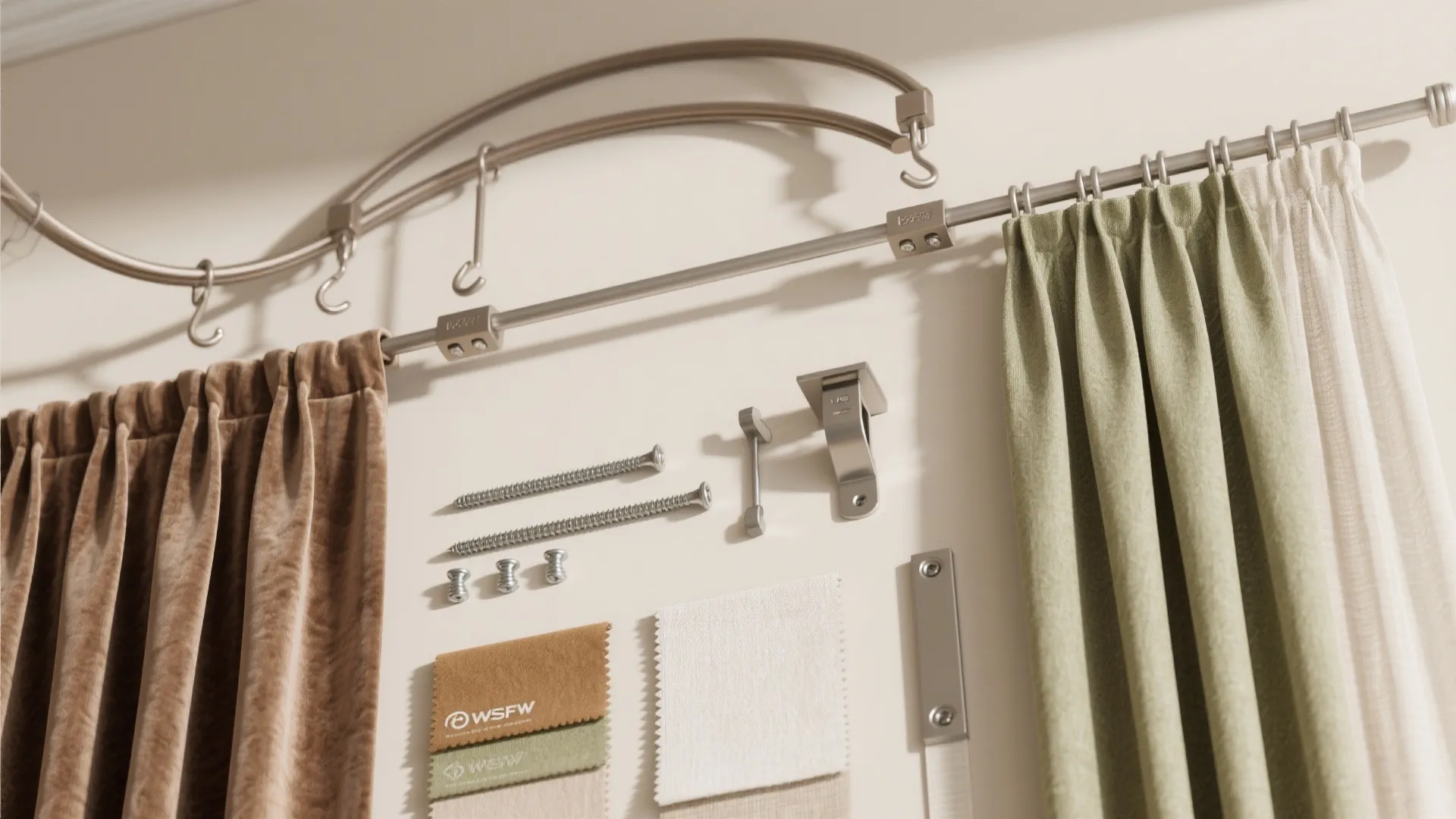 Metal curtain rods with hanging fabric swatches and screws displayed on a white wall surface