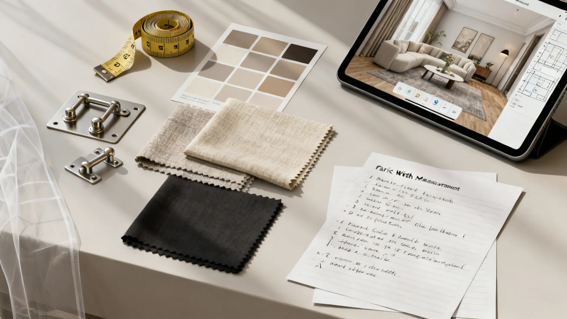 Top-down flatlay of curtain swatches, measuring tape, hardware samples and a tablet showing a room planner mockup.