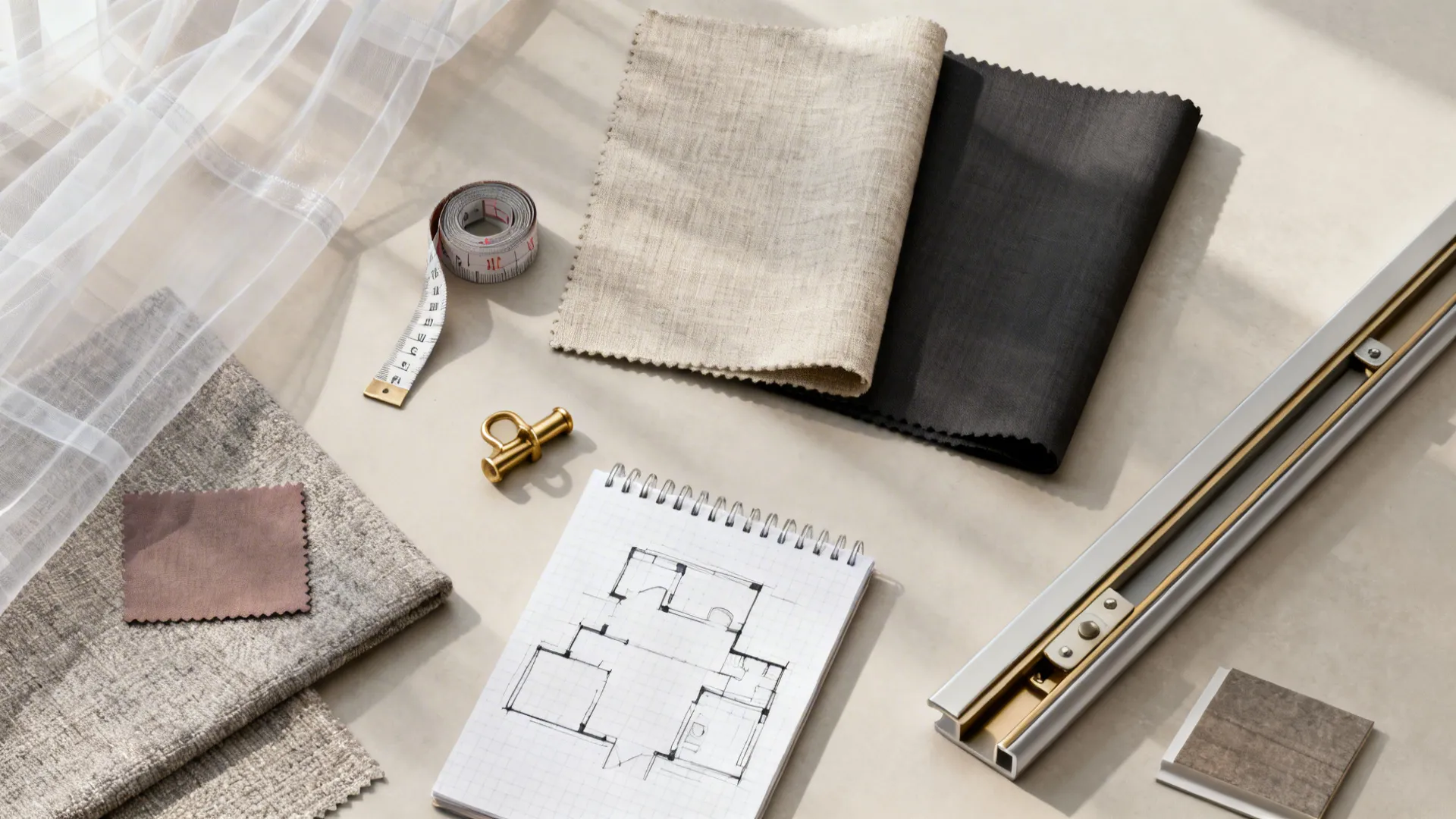 Flatlay of curtain fabric swatches, measuring tape, track sample and layout sketches for planning curtain installations.