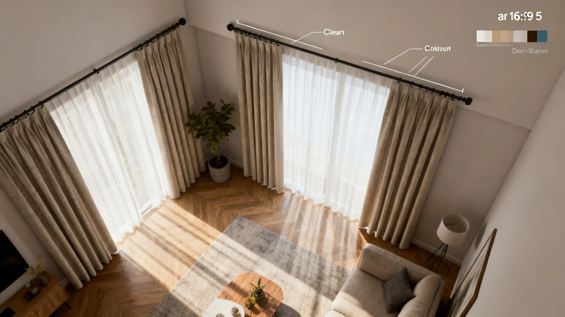 Top-down mockup floor plan showing curtain rod height and placement options for a small living room.