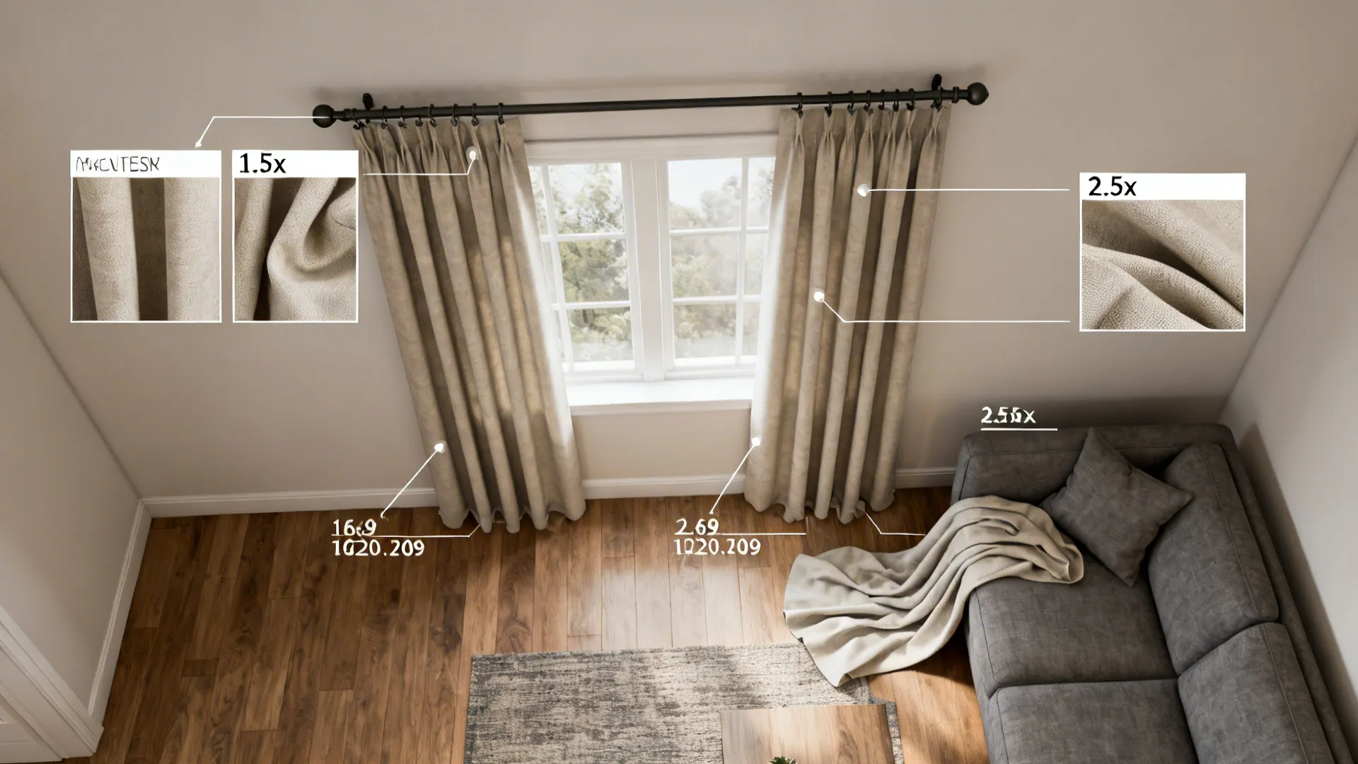 Top-down room planner showing curtain rod height and fullness options by a grey sofa
