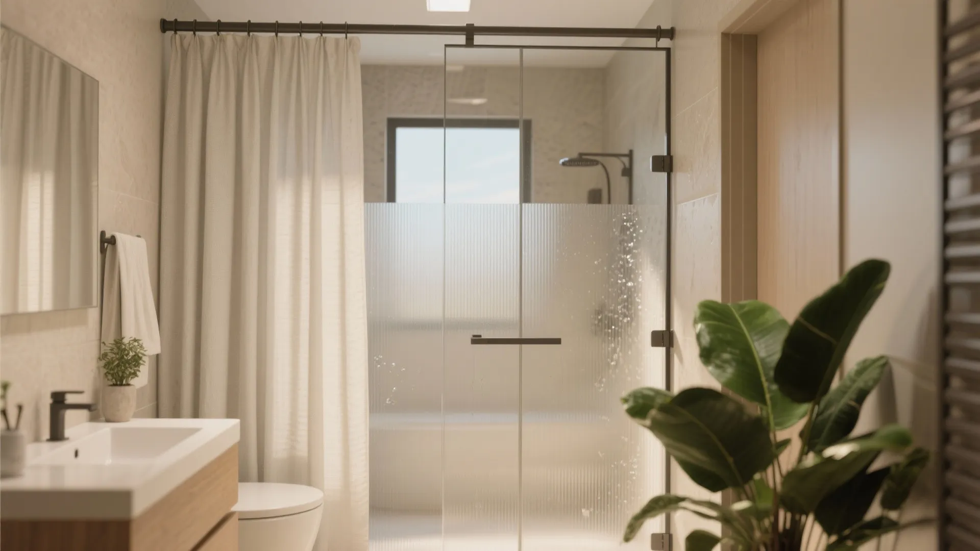 Bright bathroom with glass shower door white curtain sink green plant and modern light fixture