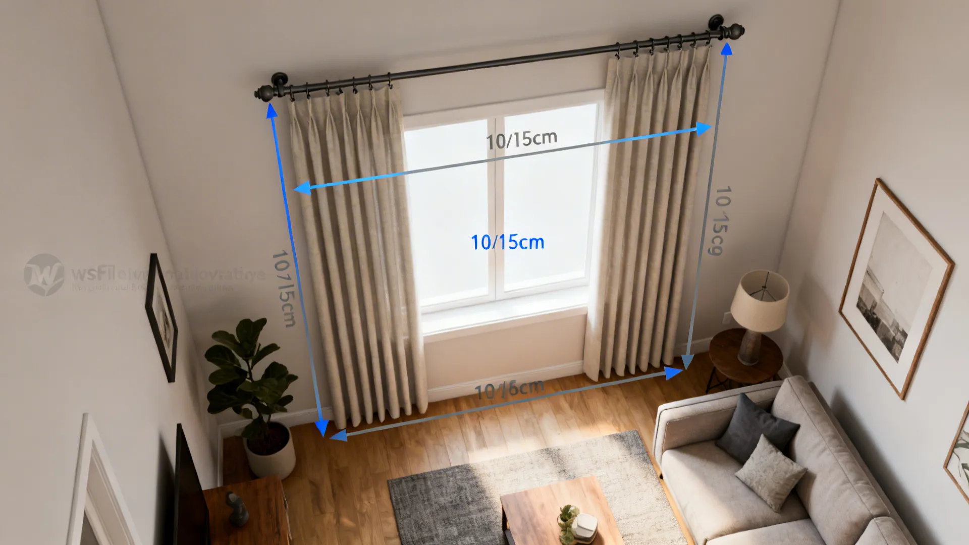 Top-down plan showing curtain rod hung high and extended past the window to visually enlarge a small living room.