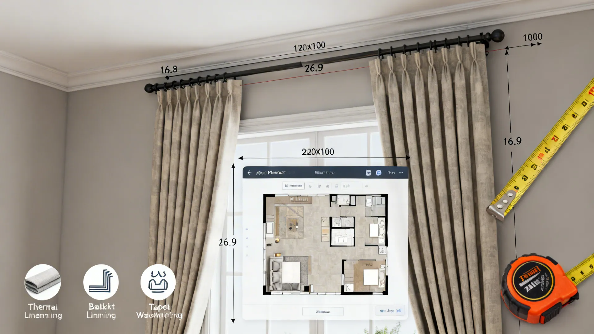 Coohom floor plan editor showing room layout on window with beige curtains and measuring tape