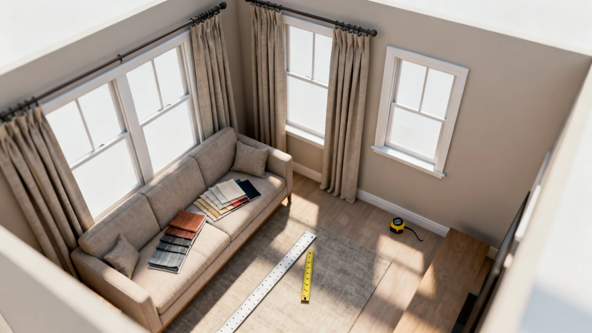 Top-down mockup showing curtain hanging height and fabric swatches in a small living room.