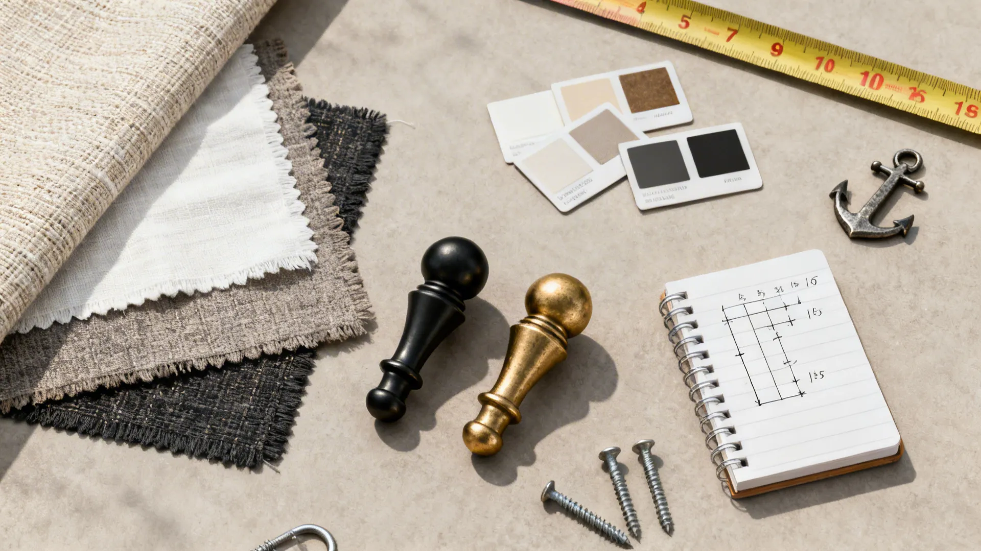 Flatlay of curtain hardware, fabric swatches, finials and measuring tape for planning installations.