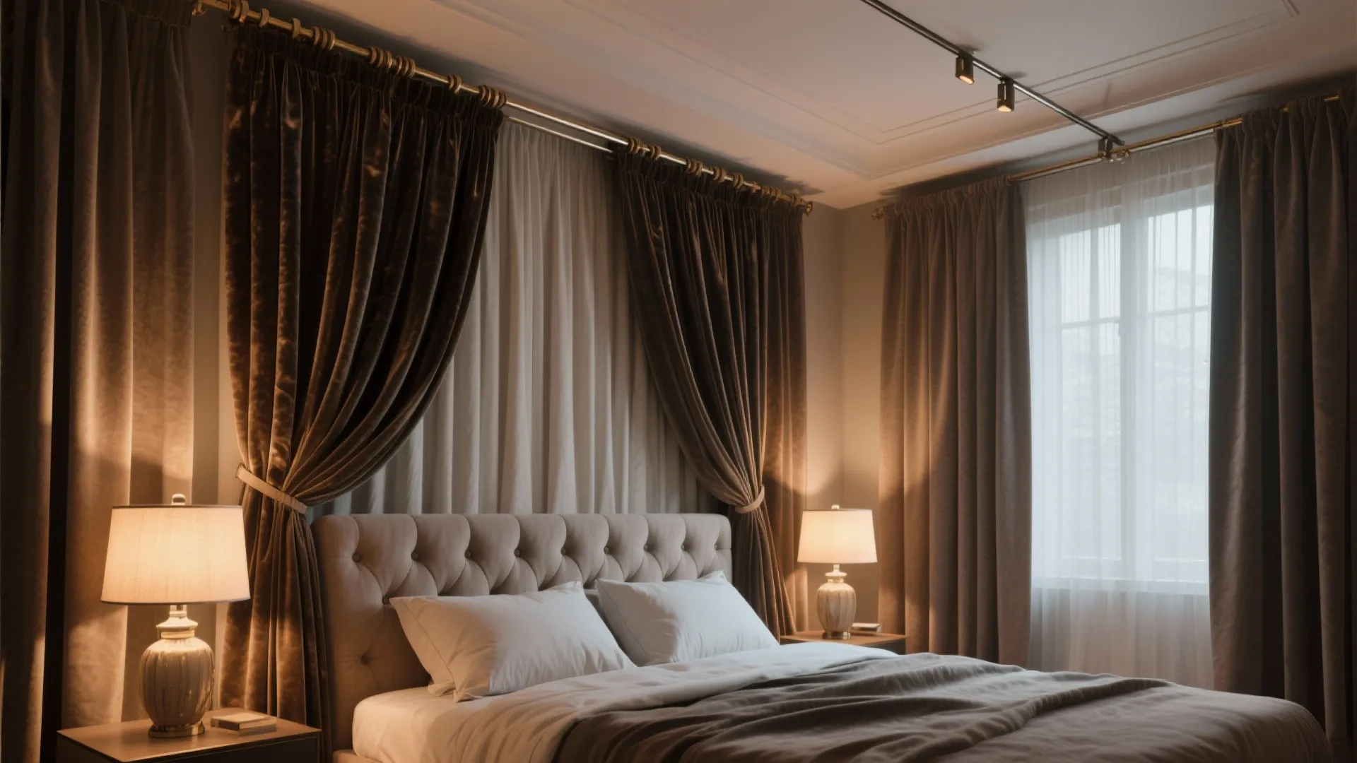 Cozy bedroom with tufted bed headboard layered brown velvet curtains two warm table lamps lighting