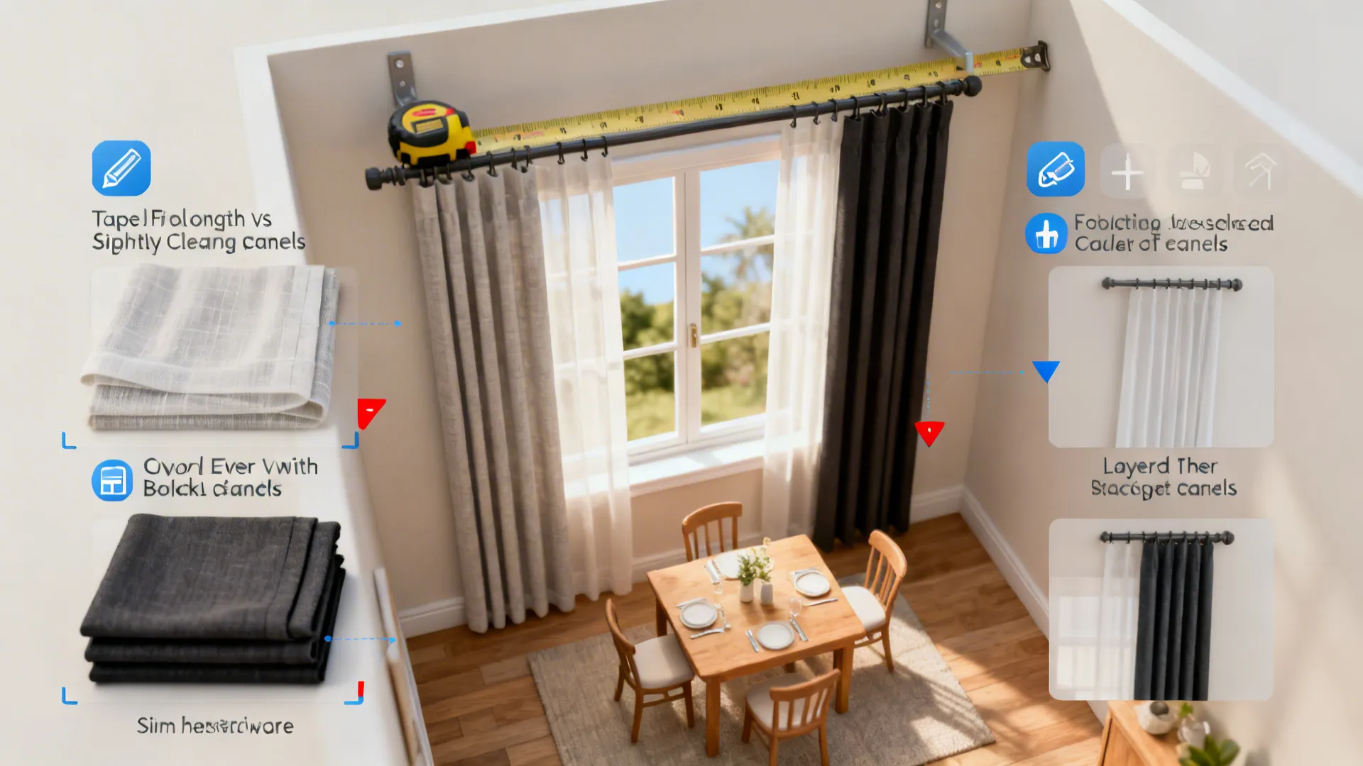 Top-down infographic view of curtain installation steps tailored for small dining rooms.