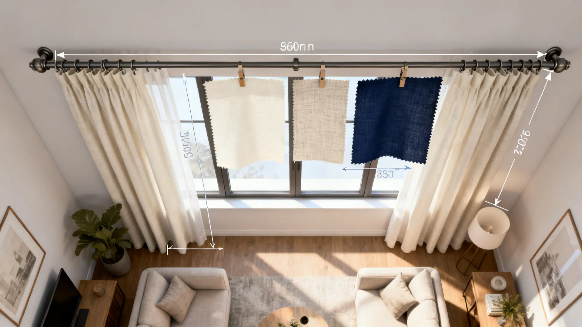 Top-down mockup showing curtain rod placement high and wide with fabric swatches.
