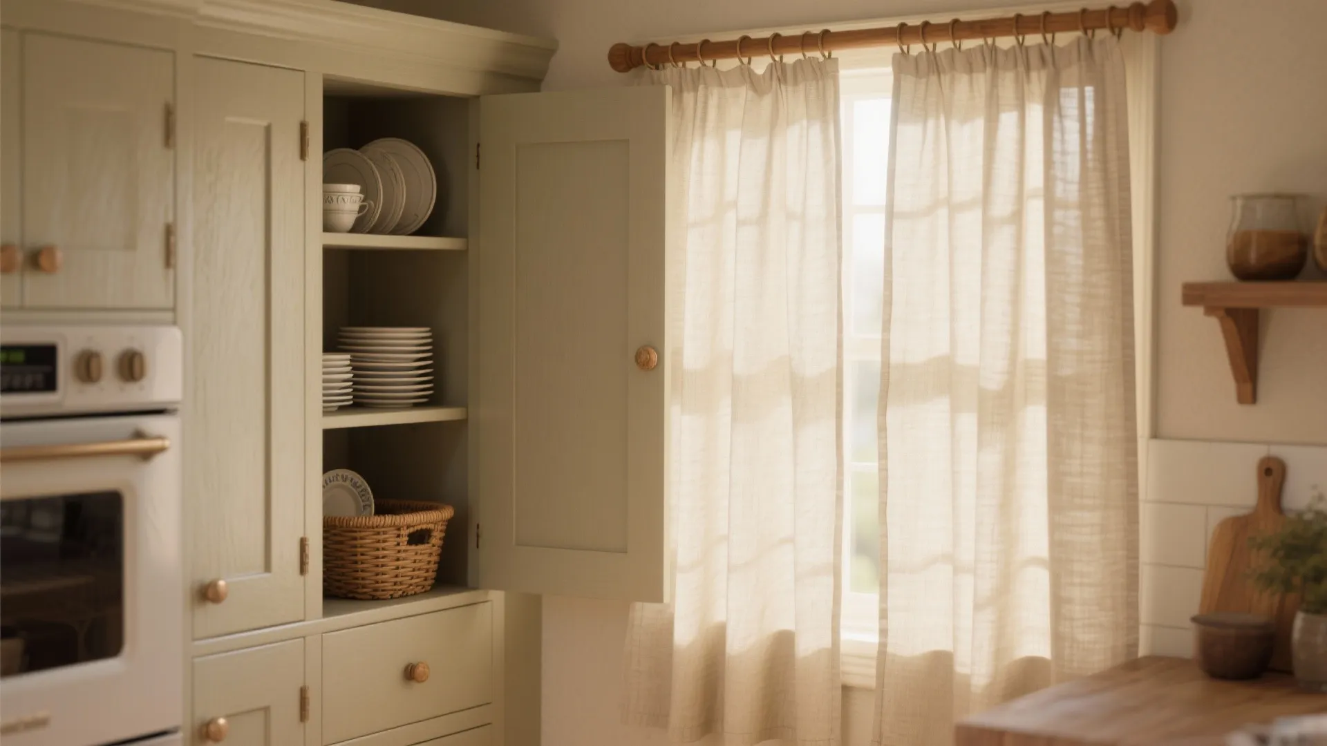 Green kitchen cabinet with open door showing white plates next to a window with curtains