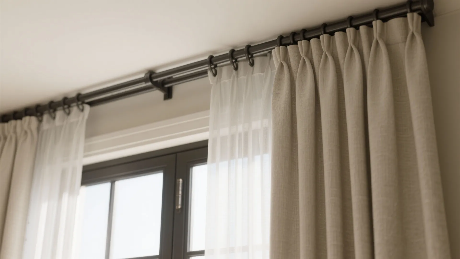 Close up of beige fabric curtain and white sheer curtain hanging on black metal rod