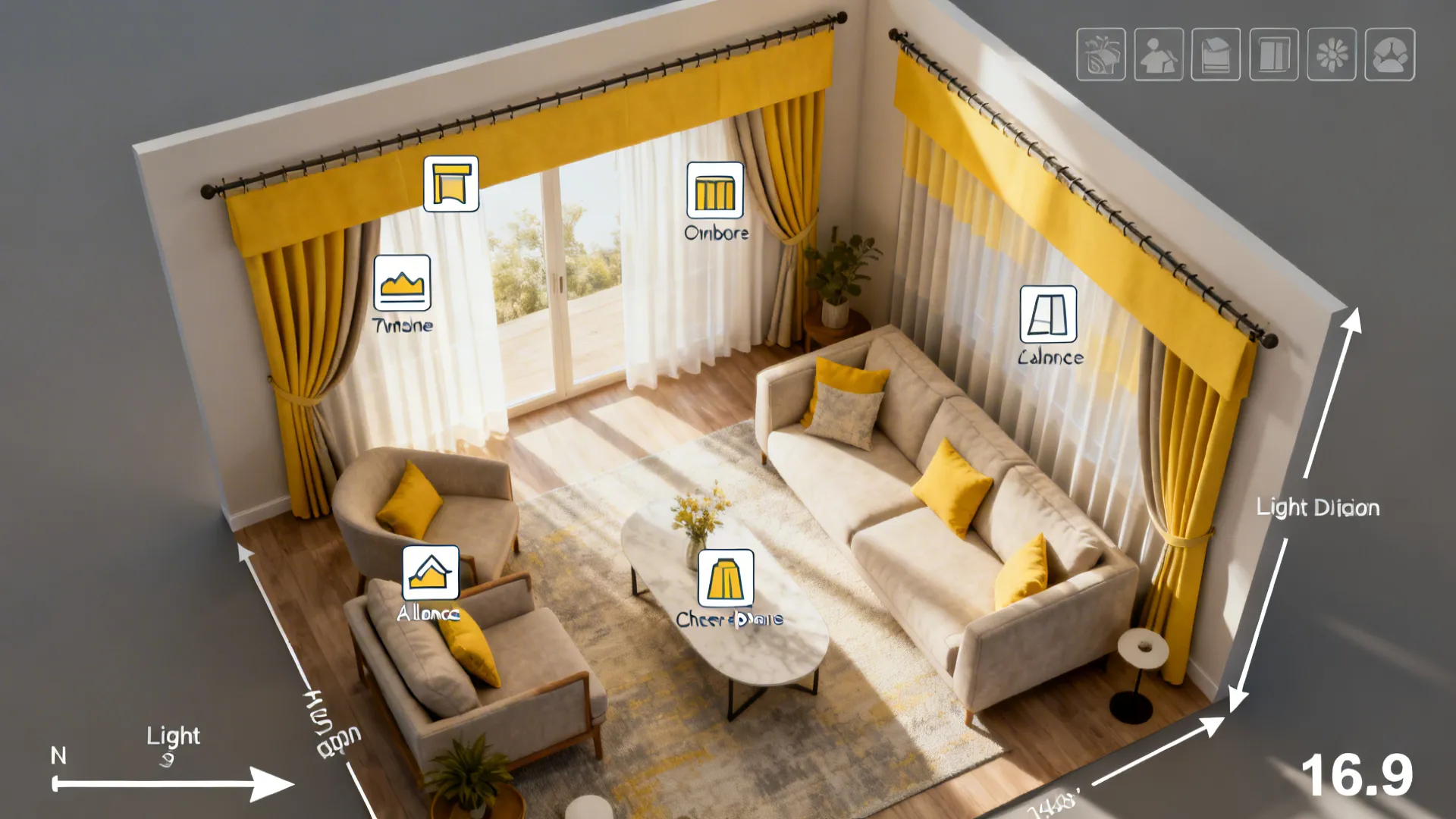 Top-down mockup floor plan showing different curtain placements and light behavior for a small living room