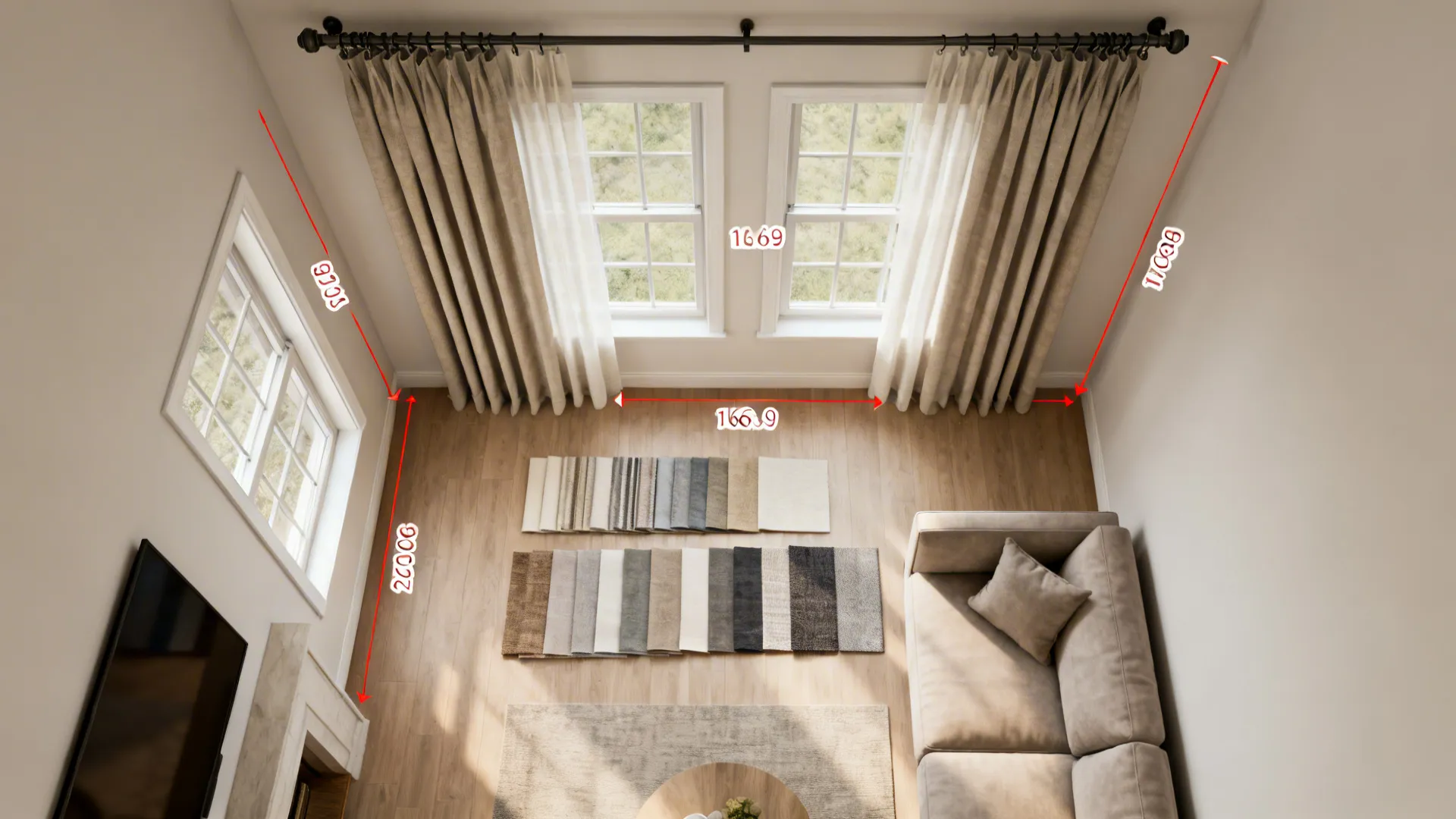 Top-down floorplan mockup showing curtain measurements and swatches for a small living room