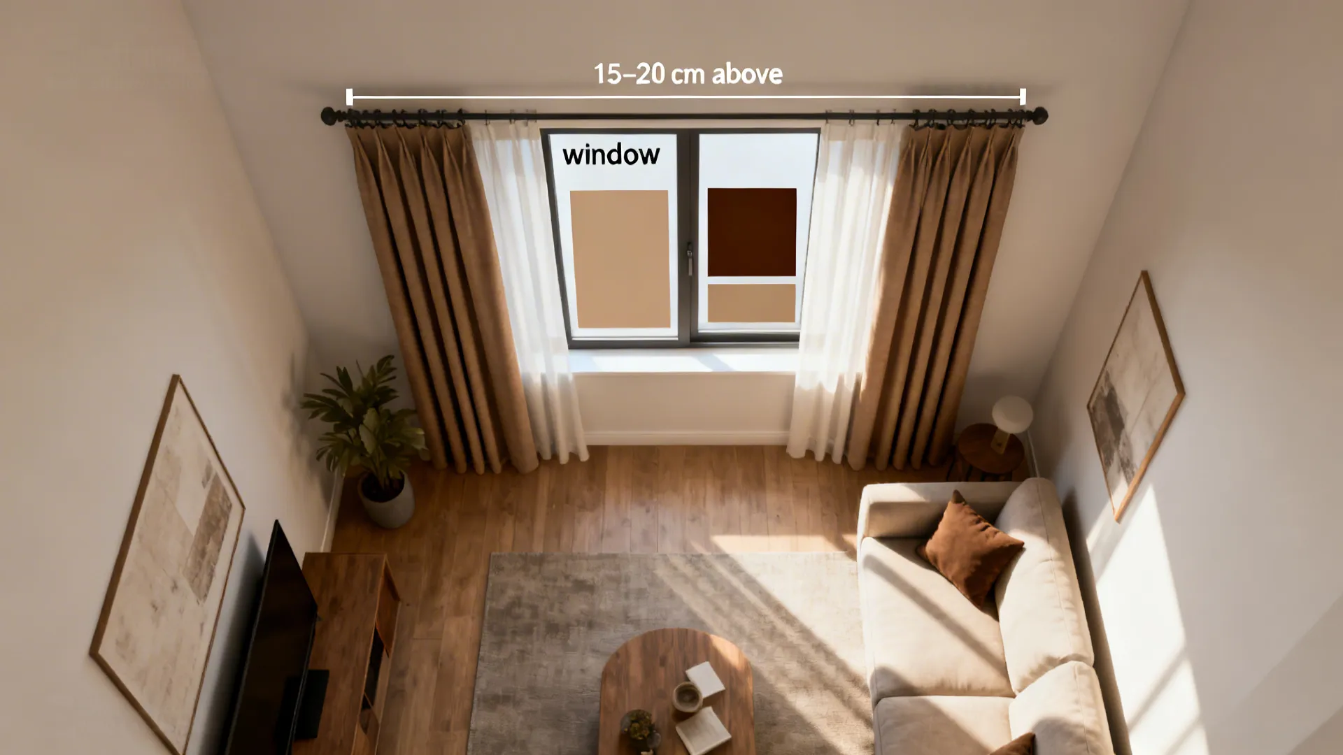Top-down living room mockup showing recommended curtain placements and rod heights.