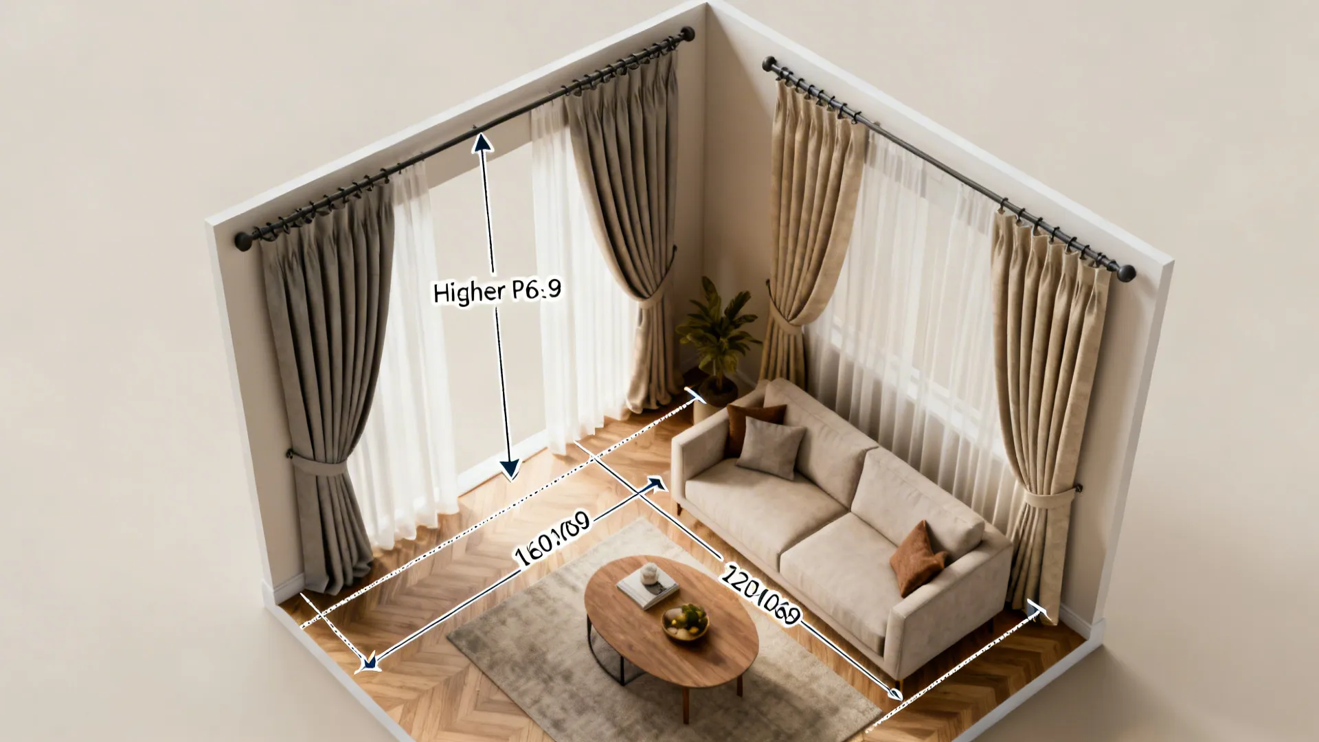 Interior design drawing of living room with sofa coffee table wood floor and labeled measurements