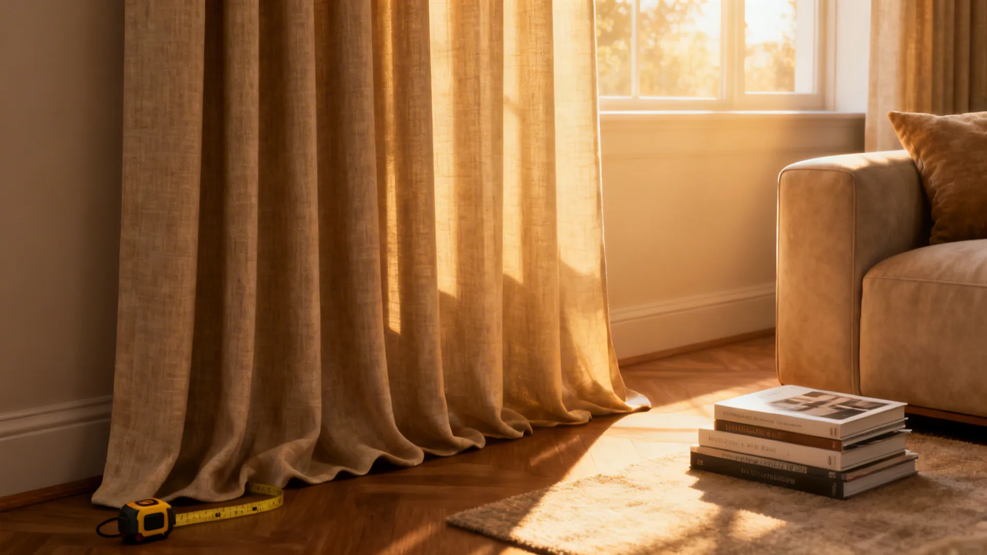 Living room showing floor-length curtains that just brush the floor as an example of ideal curtain length