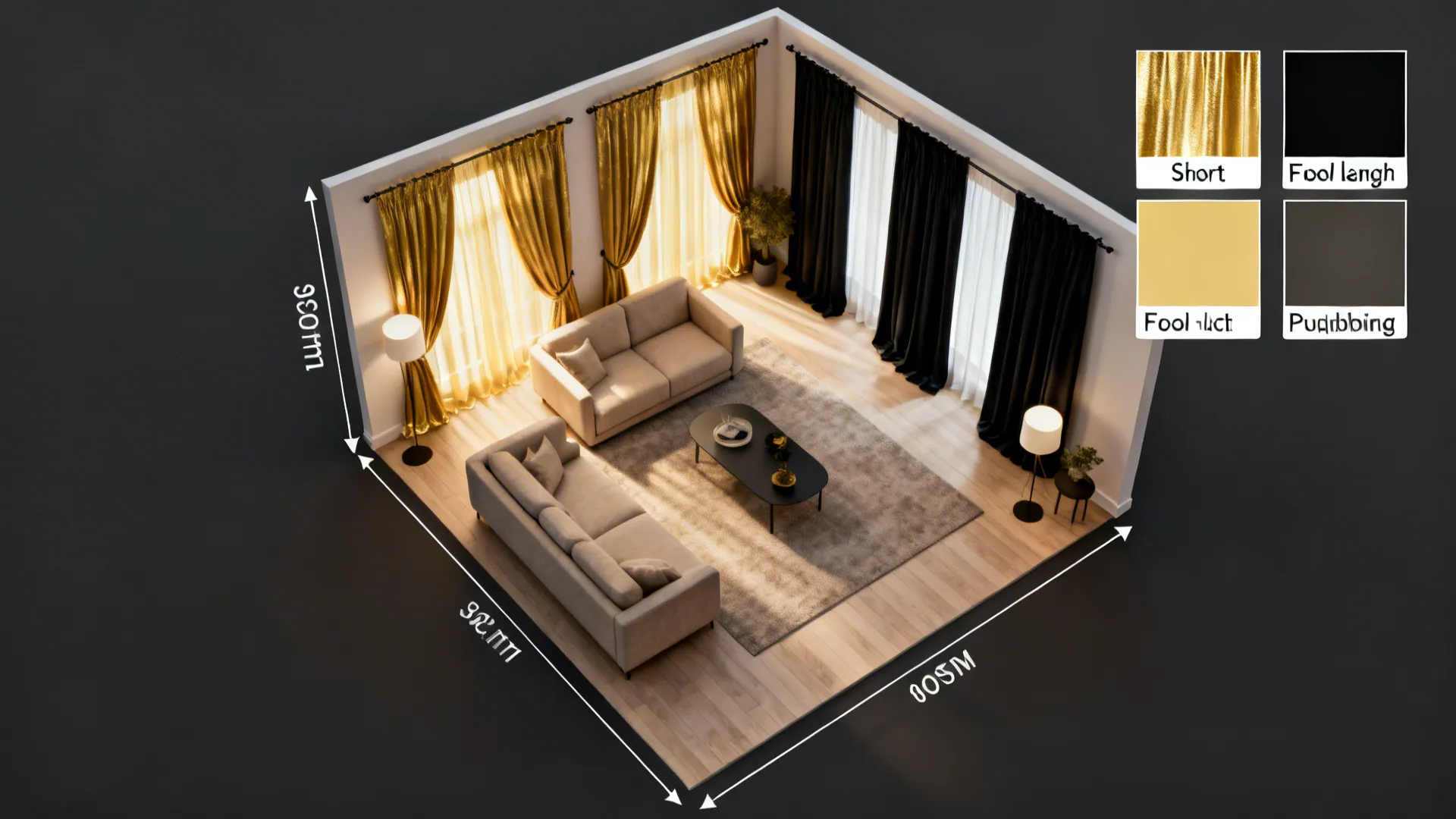 3D room layout showing living room with beige sofas, rug, gold curtains, and black curtains