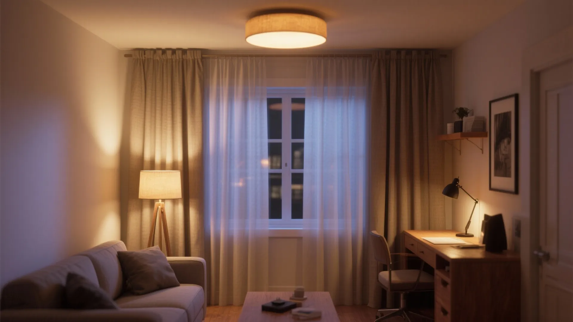 5) Ceiling-height curtains and layered, dimmable light