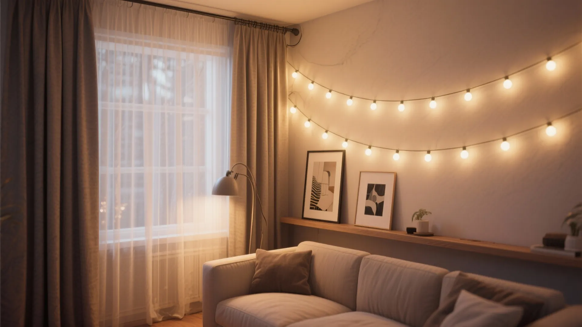 1. String curtain lights for a cozy backdrop