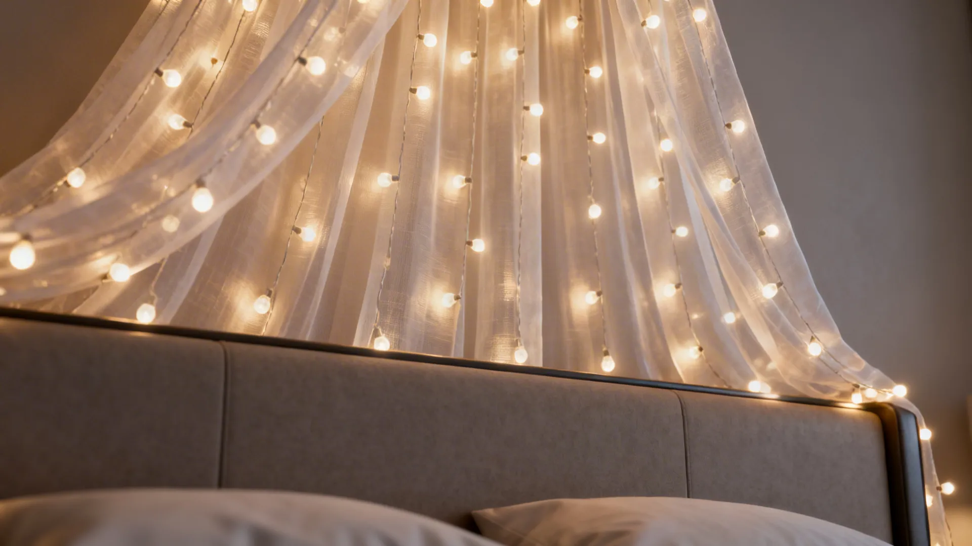 Close-up of warm LED curtain lights behind a sheer canopy above a bed