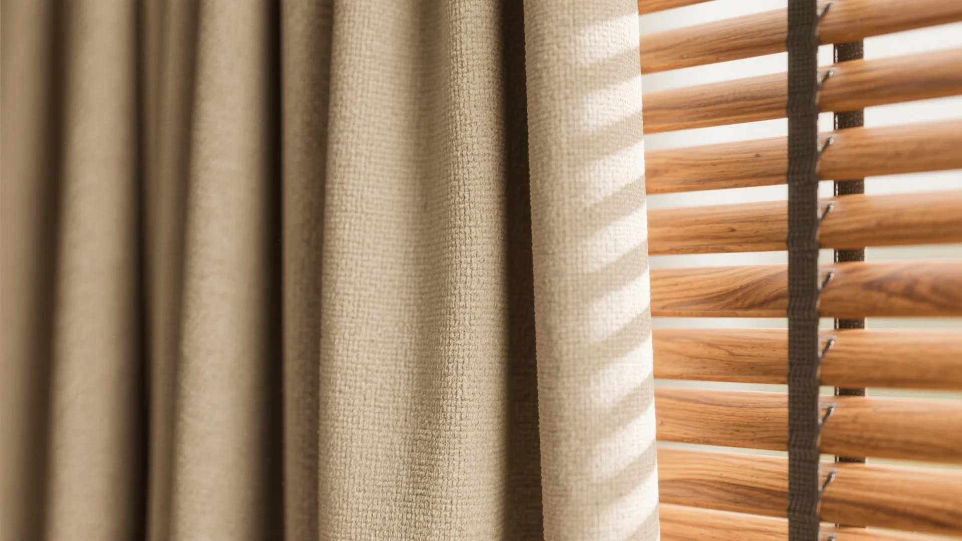 Close up view of light brown textured curtain fabric next to wooden window blind slats