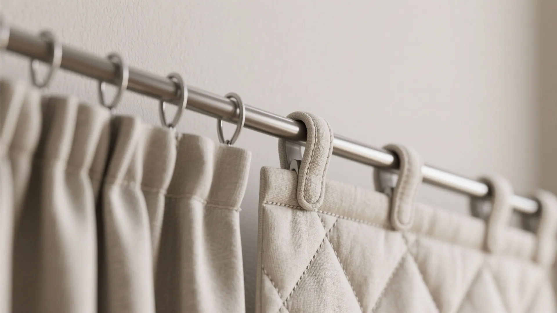 Close up view of beige fabric curtain hanging on a metal rod with ring hooks