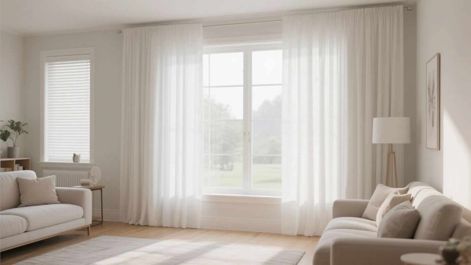 Bright living room with tall white curtains