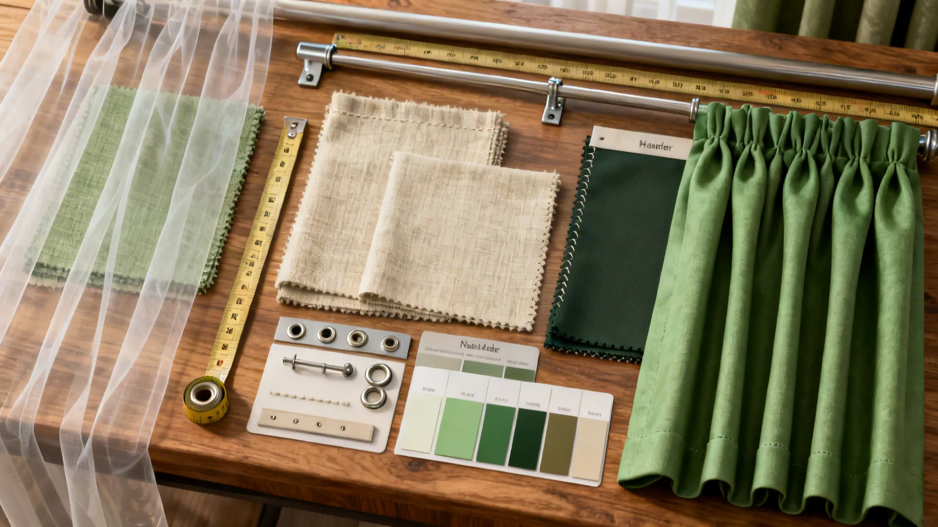 Flatlay of curtain fabric swatches, headers, measurement tape and sample brackets for planning