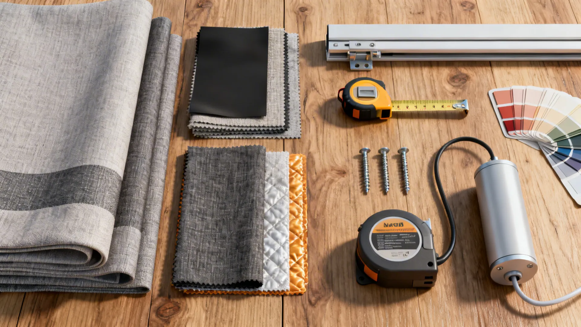 Flatlay of blackout fabric swatches, measuring tape and track samples for curtain installation.