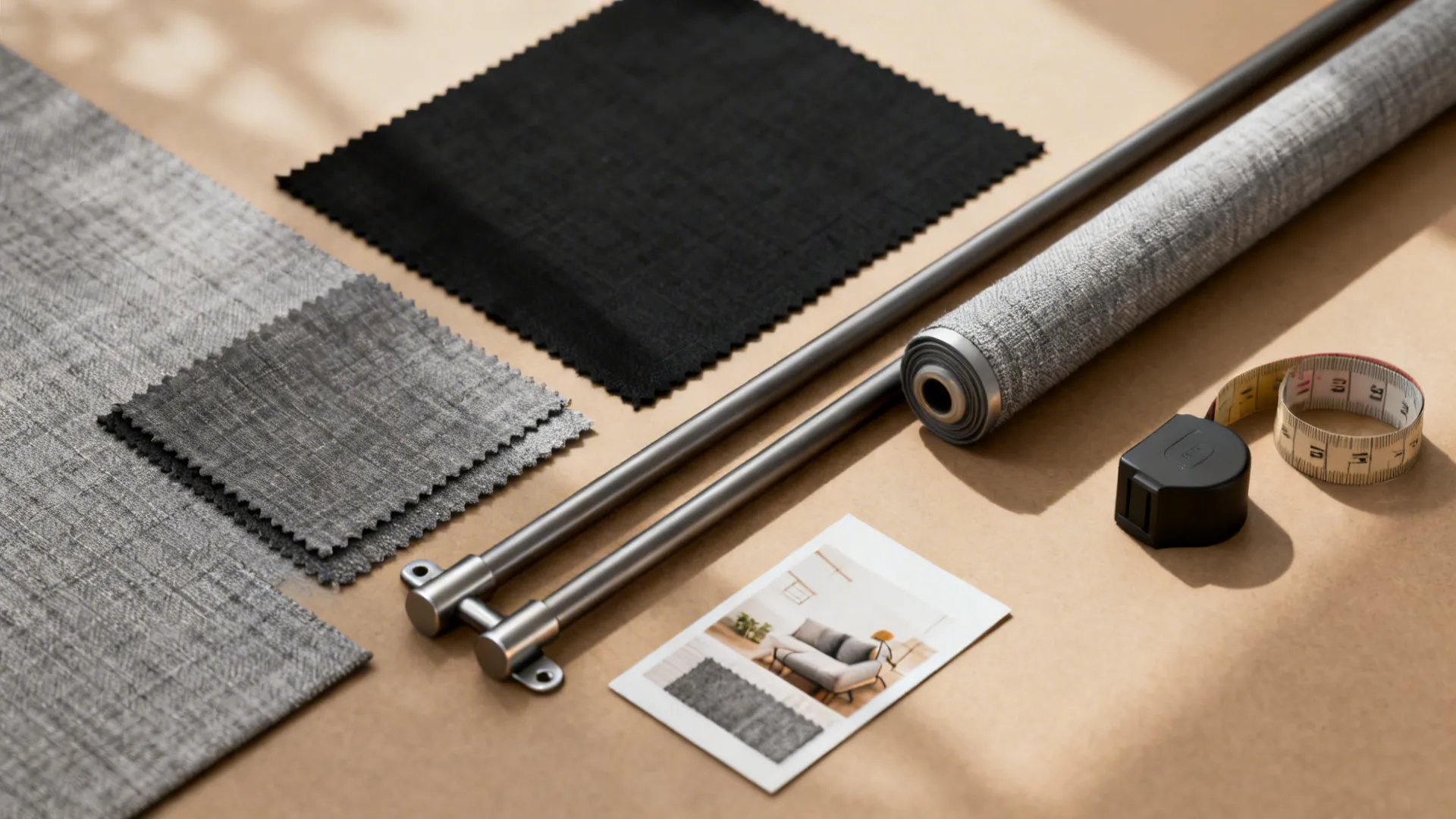 Flatlay of grey and black curtain fabric swatches, hardware and measuring tools for planning