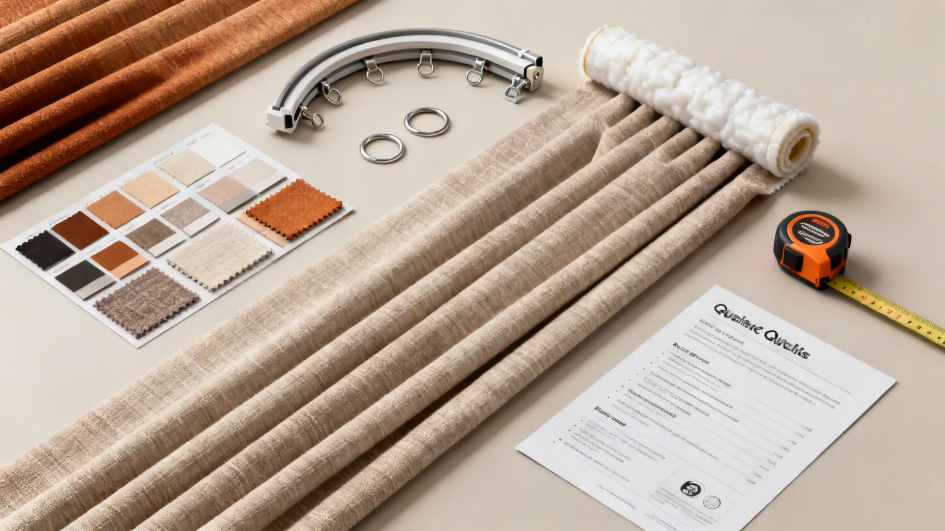 Flatlay of curtain fabric samples, hardware pieces and measurement tools for window treatments
