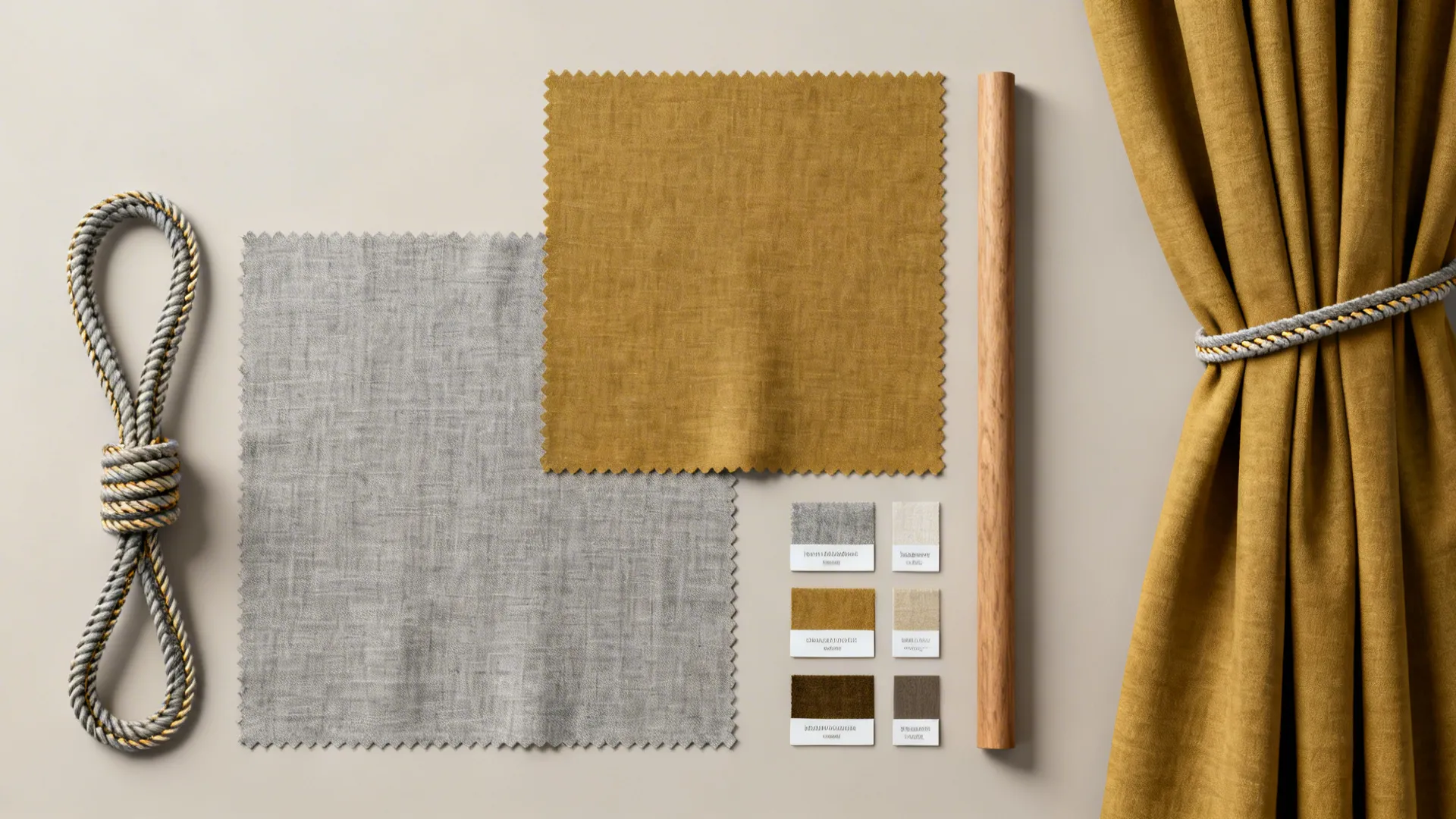 Top-down flatlay of grey linen and muted mustard fabric samples with piping and rod swatches.