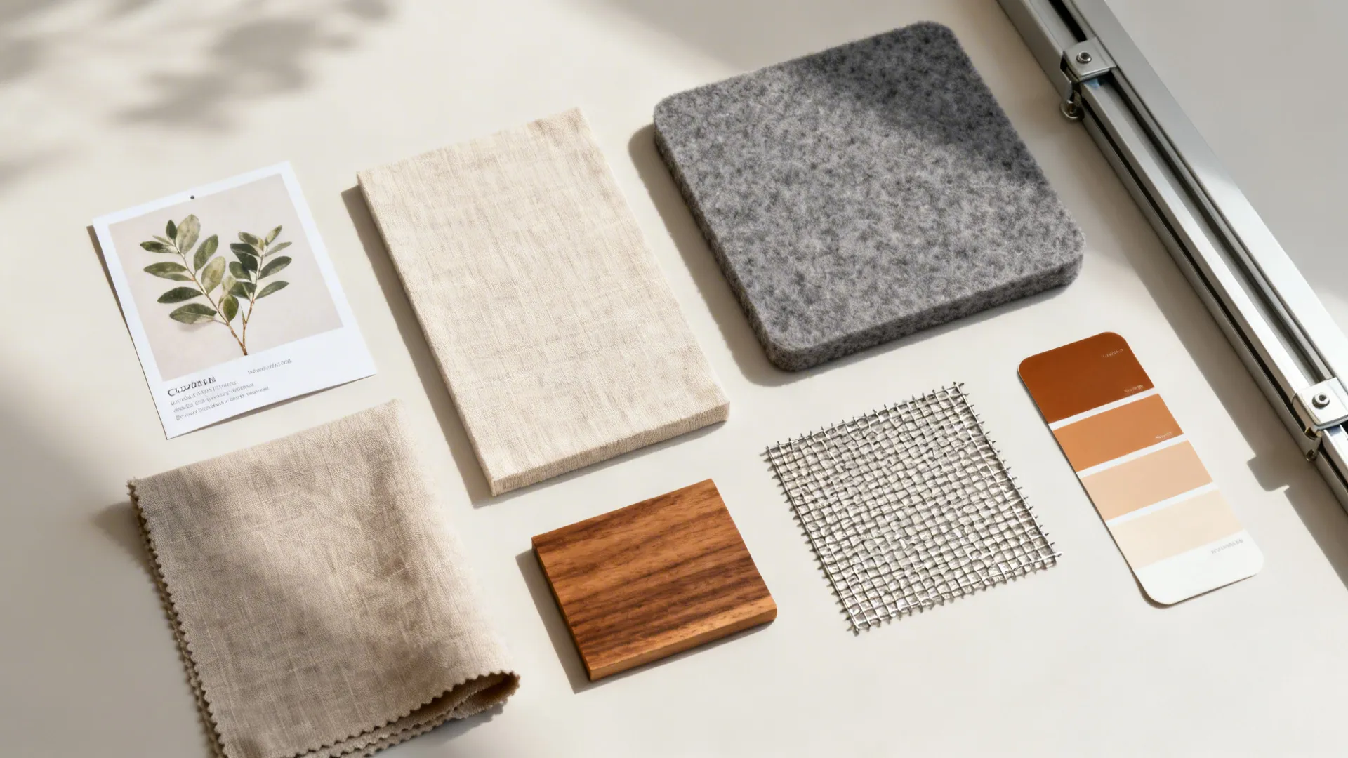 Flat lay of curtain materials: canvas pattern, linen, blackout, felt, metallic mesh with wood and paint swatches.