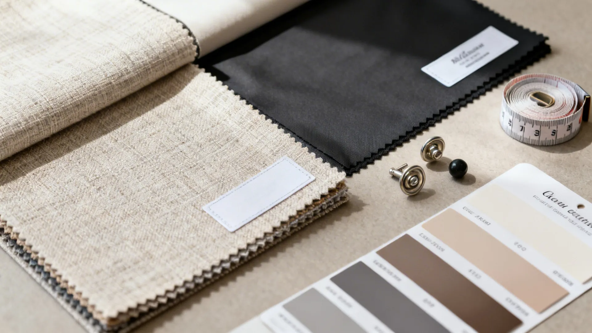 Flatlay of curtain fabric swatches, blackout liner and hardware samples for design decisions